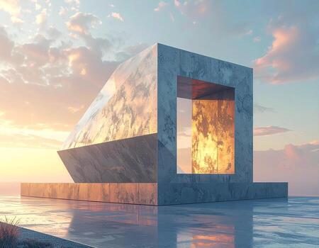 geométrico hormigón escultura reflejando puesta de sol cielo minimalista arquitectura. foto