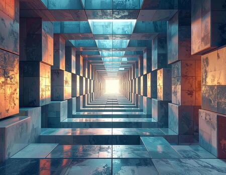 Geometric Tunnel of Light Abstract Architecture with Tiled Walls and Perspective. photo