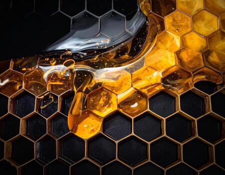 Golden Honey Drips on Dark Honeycomb CloseUp Macro. photo