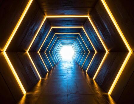 Hexagonal Tunnel of Light Geometric Perspective with Glowing Yellow Lines and Bright Exit. photo