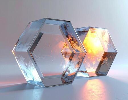 Luminous Hexagonal Prisms Abstract Glass Sculpture with Warm Light Reflections. photo