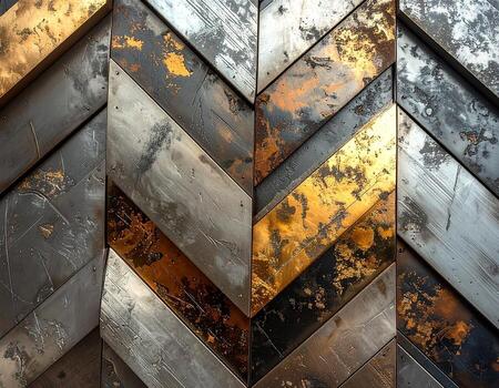Metallic Chevron Pattern Textured Gold Silver and Black Abstract Design. photo