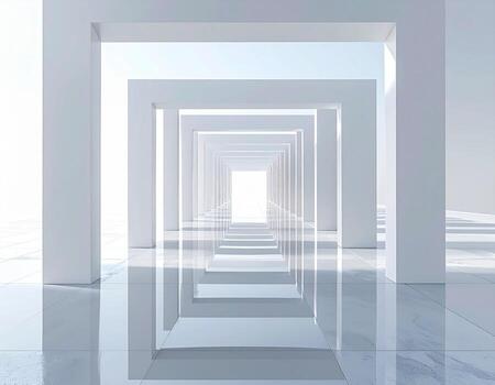 Minimalist White Corridor Symmetrical Architecture with Reflective Floor and Bright Light. photo