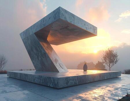 Modern Concrete Sculpture at Sunset with Vase Minimalist Design. photo