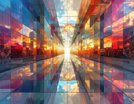 Mirrored Sunset Abstract Perspective of Architectural Facade Reflecting Sky and Clouds. photo