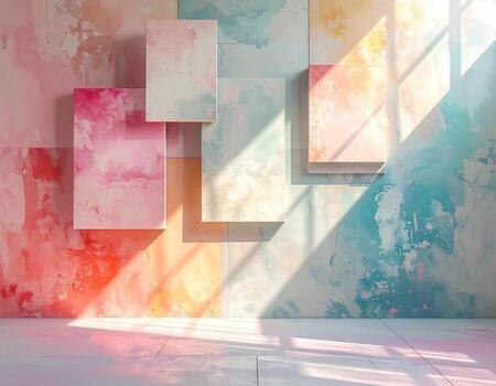 Pastel Abstract Wall Art with Floating Panels and Dramatic Sunlight. photo