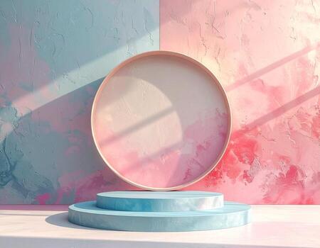 Pastel Dreamscape Circular Stage with Textured Pink and Blue Backdrop in Sunlight. photo