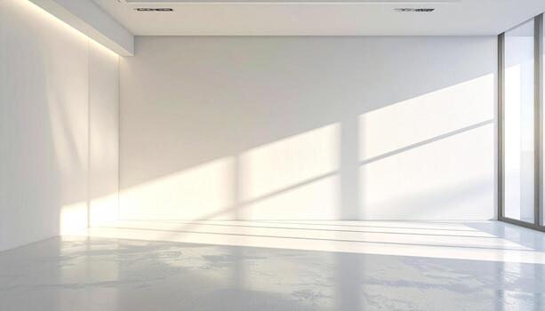 Bright White Room with Sunlight Streaming Through Window Minimalist Interior Design. photo