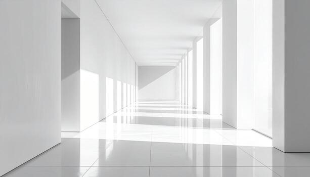 luminoso blanco pasillo minimalista arquitectura con sorprendentes ligero y sombra jugar. foto
