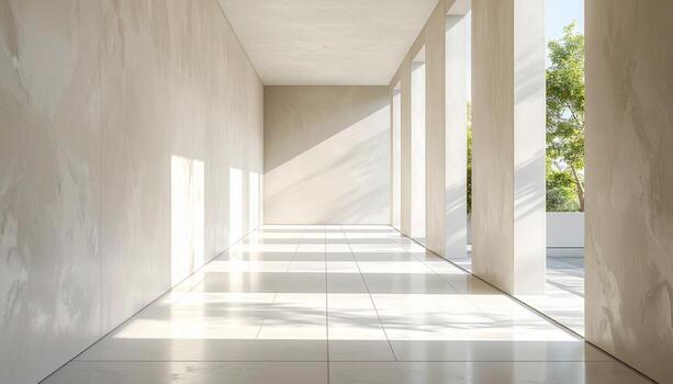 Minimalist Architectural Corridor with Sunlight and Shadow Modern Design. photo