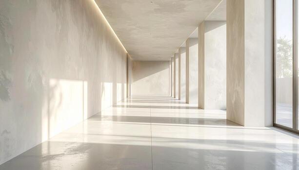 Minimalist Architectural Interior Long Corridor with Sunlight and Shadows. photo