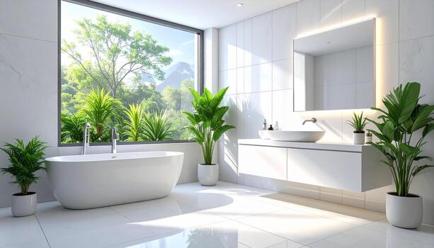 Luxurious Modern Bathroom with Nature View Bright Airy and Serene. photo