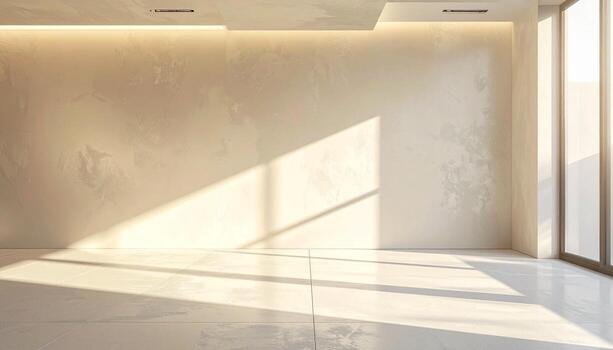 Minimalist Interior Sunlight Streaming Through Window Textured Wall and Tile Floor. photo