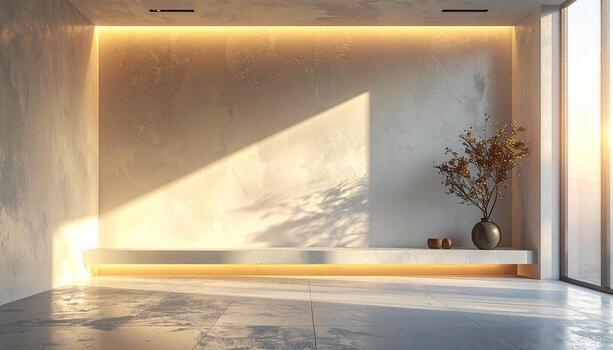 Minimalist Interior with Warm Lighting Shadow Play and Decorative Elements. photo