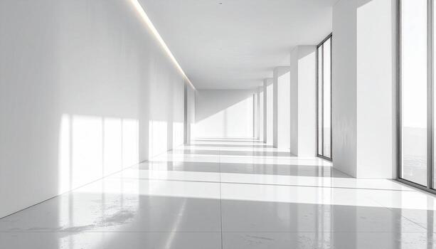 Minimalist White Corridor Architectural Perspective with Dramatic Light and Shadow Play. photo