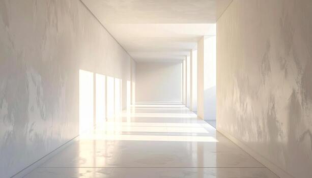 Minimalist White Corridor Sunlight Texture Perspective and Architectural Design. photo