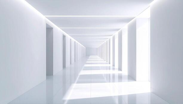 minimalista blanco corredor con geométrico ligero y sombra jugar. foto