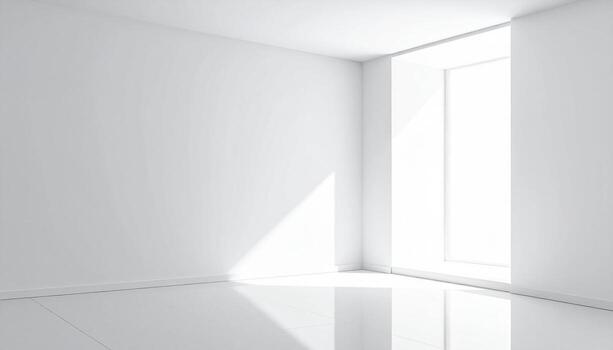Minimalist White Room Corner with Window and Reflected Sunlight on Tile Floor. photo