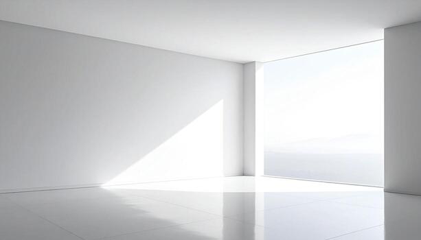 Minimalist White Room with Bright Window and Reflected Light on Tiled Floor. photo
