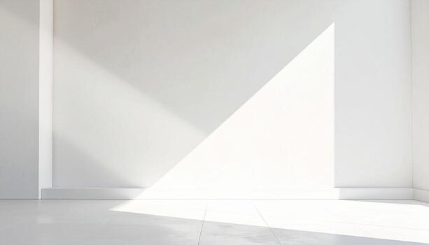 Minimalist White Room with Geometric Sunlight Pattern and Textured Wall. photo