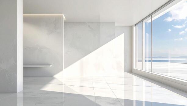 Minimalist White Room with Ocean View and Striking Sunlight Patterns. photo