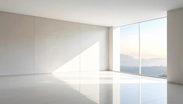 Minimalist White Room with Mountain View and Reflected Sunlight on Polished Tile Floor. photo