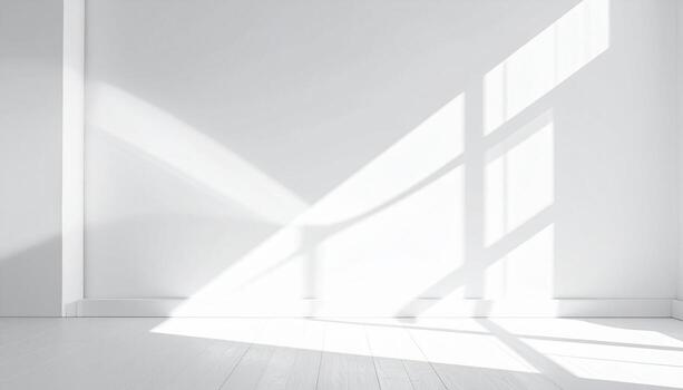 minimalista blanco habitación con luz de sol patrones en pared y piso. foto