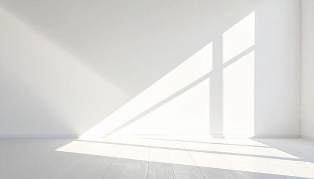 Minimalist White Room with Sunlight Streaming Through Window Creating Geometric Shadows. photo