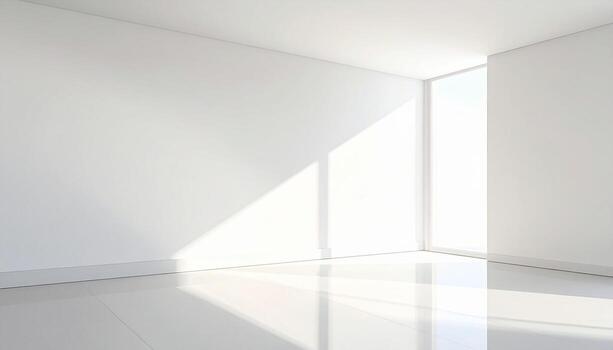 Minimalist White Room with Sunlight Streaming Through Window Reflecting on Glossy Floor. photo