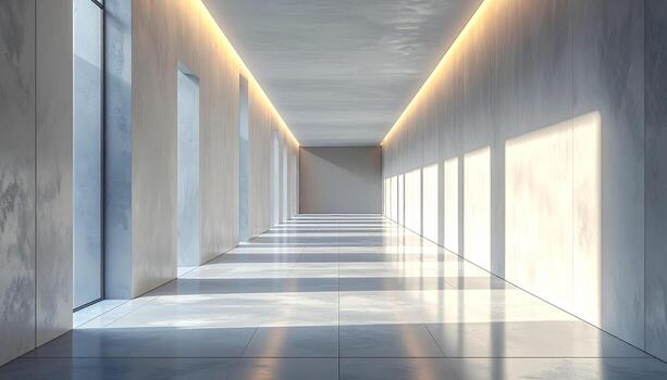 Modern Hallway with Sunlight and Architectural Columns Minimalist Design and Warm Lighting. photo
