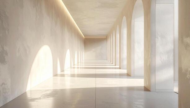Serene Arched Hallway Minimalist Architecture with Warm Light and Textured Walls. photo