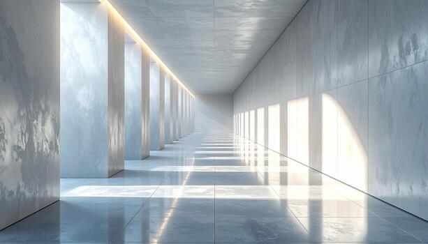 Serene Corridor Minimalist Architecture with Reflected Light and Textured Walls. photo
