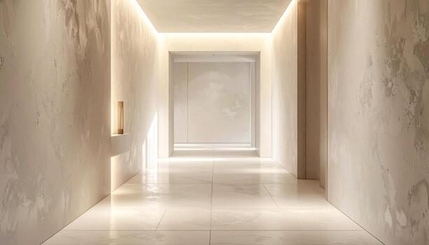sereno pasillo con texturizado paredes y iluminado techo minimalista diseño. foto