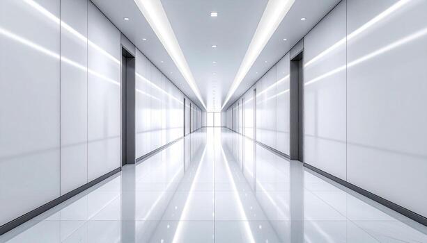 estéril blanco pasillo con ascensor puertas y reflexivo loseta piso moderno arquitectura. foto