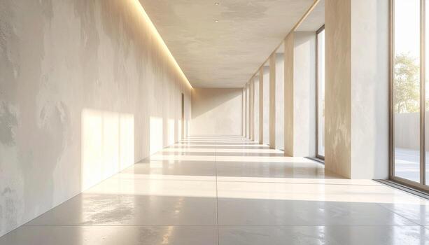 SunDrenched Modern Hallway with Textured Walls and Polished Floors. photo