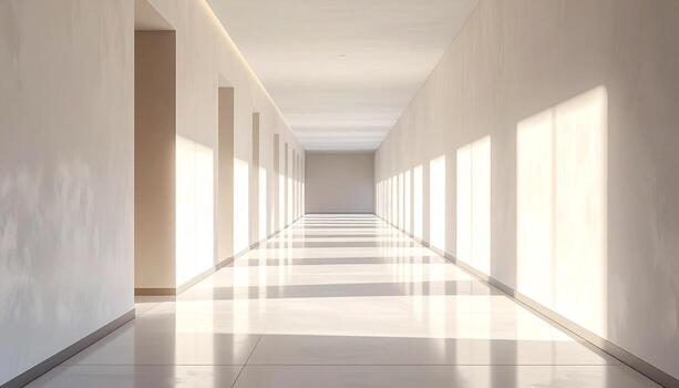 Sunlit Corridor Minimalist Architecture with Geometric Shadows and Warm Light. photo