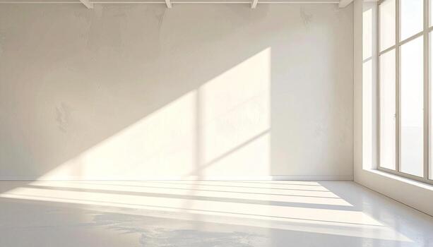 Sunlit Minimalist Interior White Walls Large Window and Geometric Shadows. photo