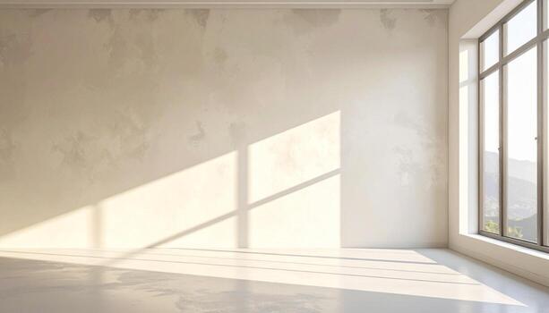 Sunlit Minimalist Interior with Textured Wall and Large Window View. photo