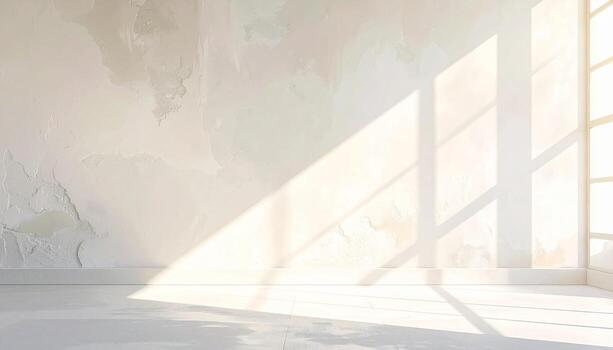 Sunlit Plaster Wall with Window Shadows in Minimalist Interior Space. photo