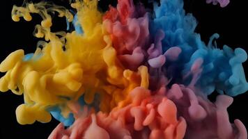 vibrerande moln av färgrik bläck virvlande graciöst i vatten mot en mörk bakgrund, skapande en fängslande och fascinerande effekt perfekt för abstrakt design video