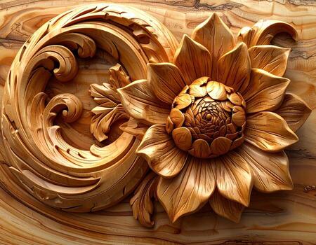 Exquisite Wood Carving Floral Motif with Intricate Scrollwork on Wood Grain Background. photo