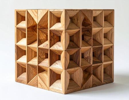 Geometric Wooden Cube Sculpture Architectural Design Abstract Art Warm Tones. photo