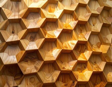 Geometric Wood Wall Honeycomb Pattern with Textured Grain and Warm Lighting. photo