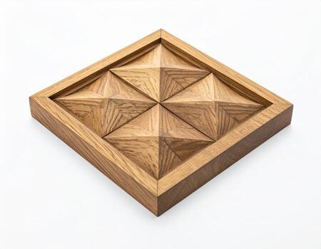 Geometric Wooden Tray Intricate Starburst Design on White Background. photo