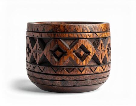 Intricate Carved Wooden Bowl with Geometric Patterns on White Background. photo