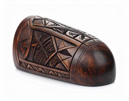 Intricate Carved Wooden Cylinder with Geometric Patterns on White Background. photo