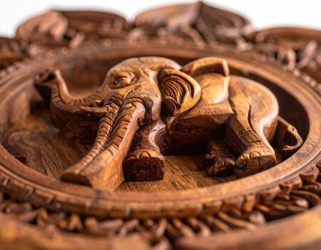 Intricate Carved Wooden Elephant Sculpture in Circular Frame Detailed Texture. photo