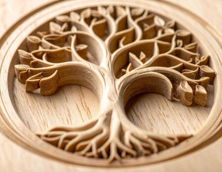 Intricate Carved Wooden Tree of Life Symbol with Detailed Roots and Branches. photo