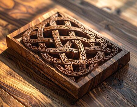 Intricate Celtic Knot Carving in Wooden Frame on Rustic Tabletop. photo