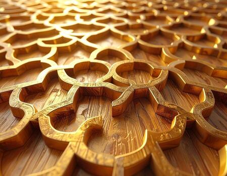 Intricate Golden Lattice Geometric Pattern with Warm Textured Wood Backdrop. photo